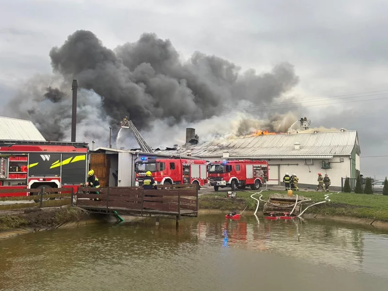 Pożar hali, zablokowana droga krajowa. „Pilny komunikat dla mieszkańców”